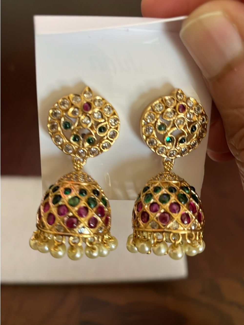 Gold-Tone Jhumka Earrings with Green and Pink Stones